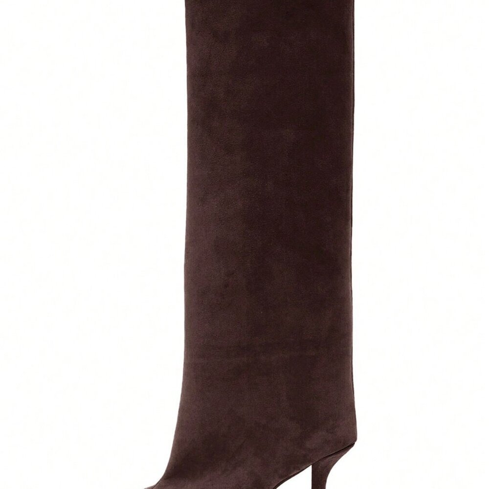 Dark Brown Party Women's Knee High Wide Calf Suede Square Toe Heeled Boots - Picture 6 of 7